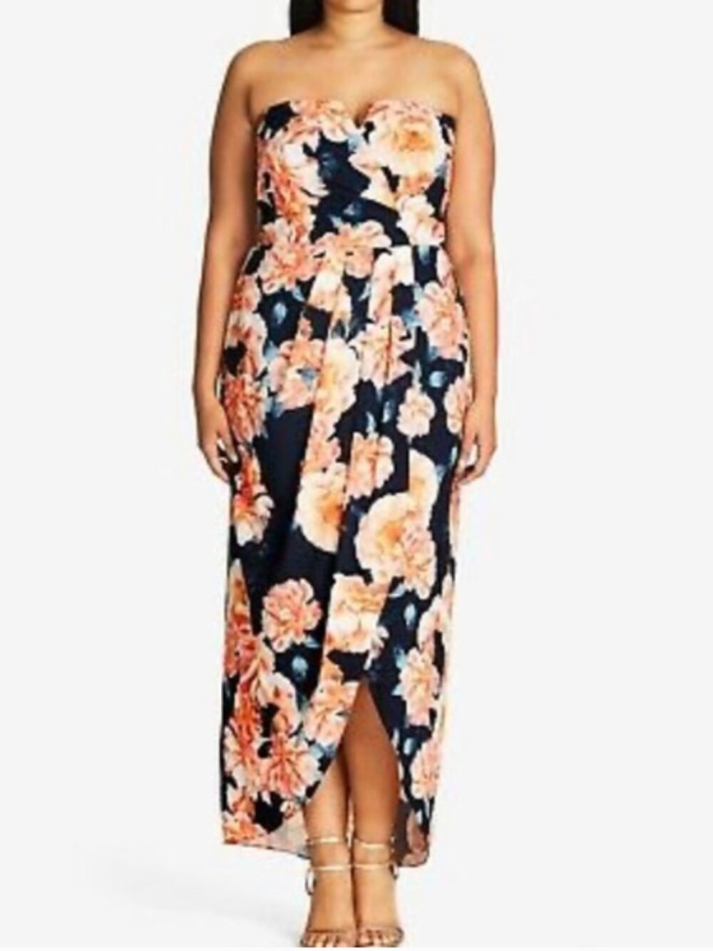 City Chic Faux Wrap Strapless Midi Dress Black w/Coral Roses- Size L/20